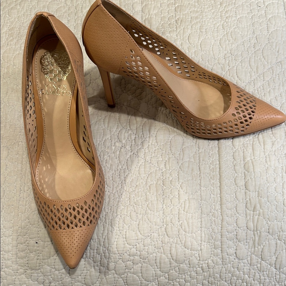 Vince Camuto Tan Perforated Pointed Toe Pumps